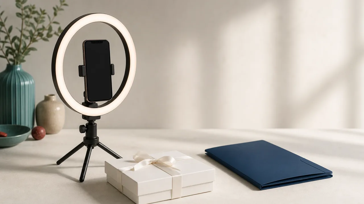 Halka ışık ve tripod üzerinde boş ekranlı telefonun yanında, açılmamış hediye kutusu ve kapalı tıbbi dosya; fenomen iş birliği ile sağlık hizmeti arasındaki sınırı simgeleyen insansız görsel