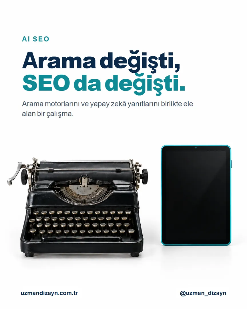 Arama değişti, SEO da değişti: eski bir daktilo ve yanında turkuaz bir tablet