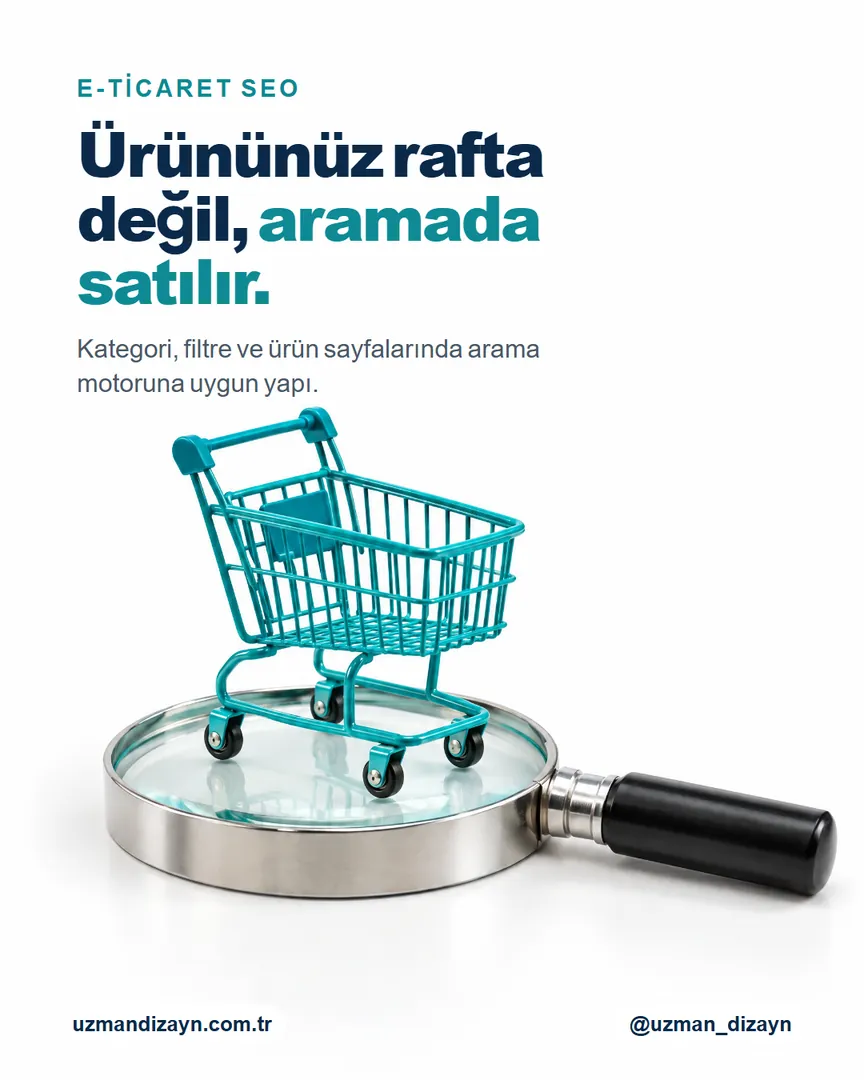 Ürününüz rafta değil, aramada satılır: büyüteç üzerinde duran küçük turkuaz alışveriş arabası