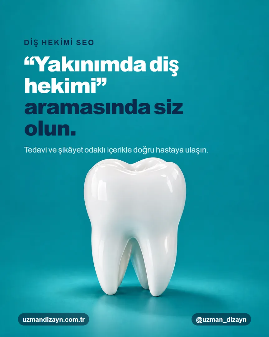 “Yakınımda diş hekimi” aramasında siz olun: turkuaz zeminde spot ışığı altında beyaz seramik diş heykeli
