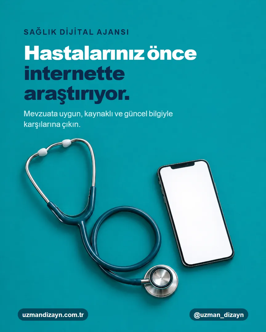 Hastalarınız önce internette araştırıyor: turkuaz zeminde steteskop ve akıllı telefon