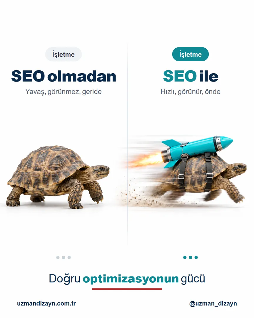 SEO olmadan yavaş, SEO ile önde: sıradan bir kaplumbağa ile sırtında roket olan hızlı bir kaplumbağa