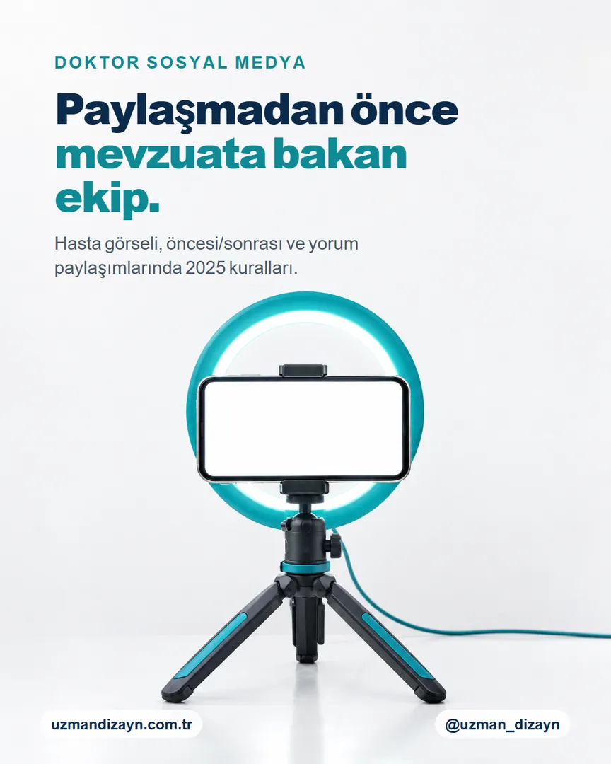 Paylaşmadan önce mevzuata bakan ekip: turkuaz halka ışık önünde tripoda takılı telefon