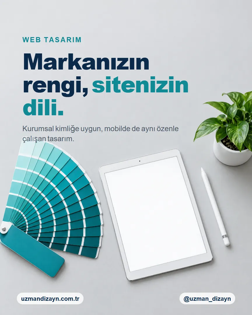 Markanızın rengi, sitenizin dili: turkuaz renk kartelası, boş ekranlı tablet ve kalem