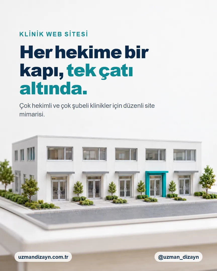Her hekime bir kapı, tek çatı altında: birden çok kapısı olan beyaz klinik binası maketi