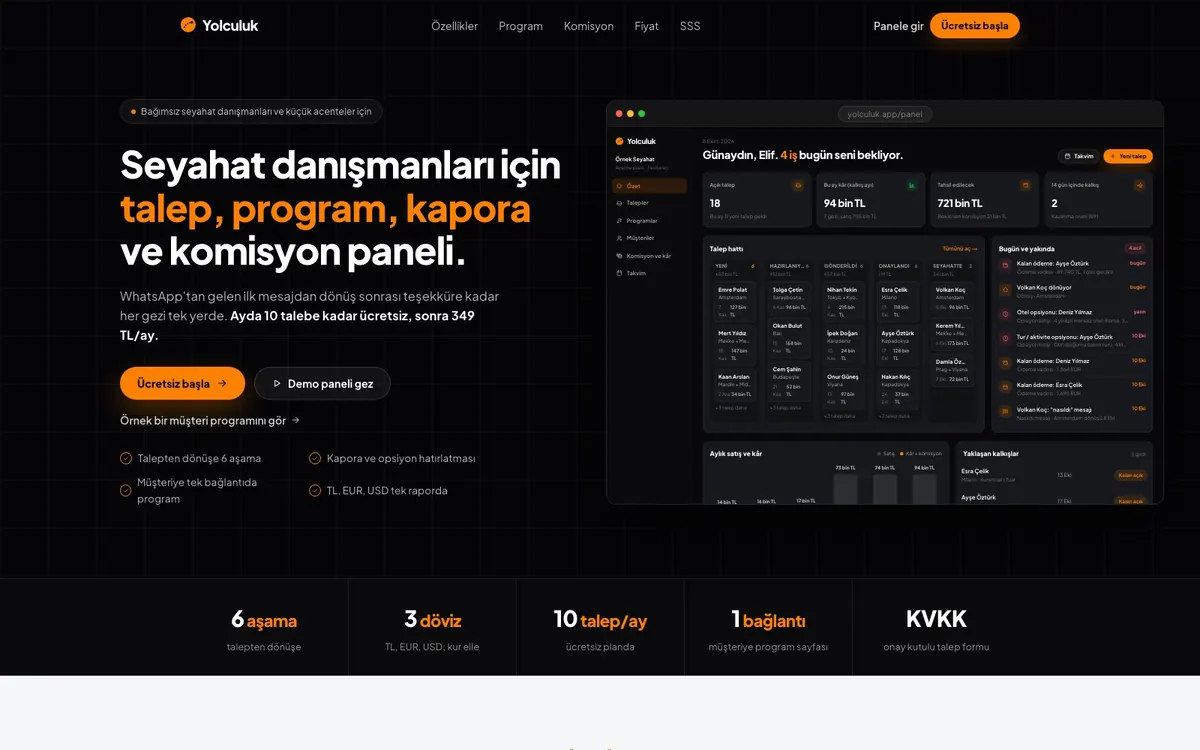 Uzman Acente Masası tanıtım sayfası: talep, program, kapora ve komisyon paneli önizlemesi