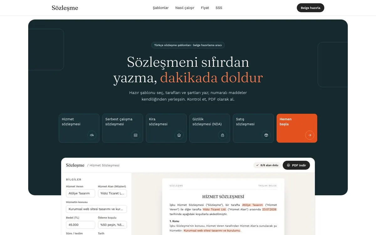 Uzman Akit tanıtım sayfası: beş belge türü kartı ve hizmet sözleşmesi formu önizlemesi