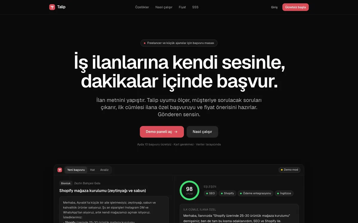 Uzman Başvuru Hattı tanıtım sayfası: ilan metni, uyum puanı, eşleşen beceriler ve açılış cümlesi