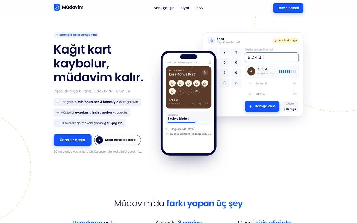 Uzman Damga Kart tanıtım sayfası: telefondaki dijital damga kartı ve kasa ekranı