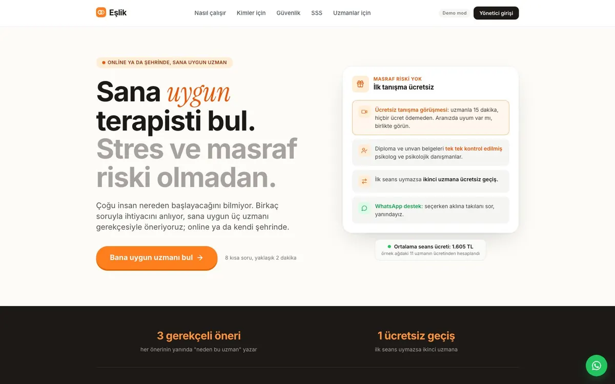 Uzman Danışan Eşleştirme tanıtım sayfası: uygun uzmanı bulma akışı ve tanışma görüşmesi