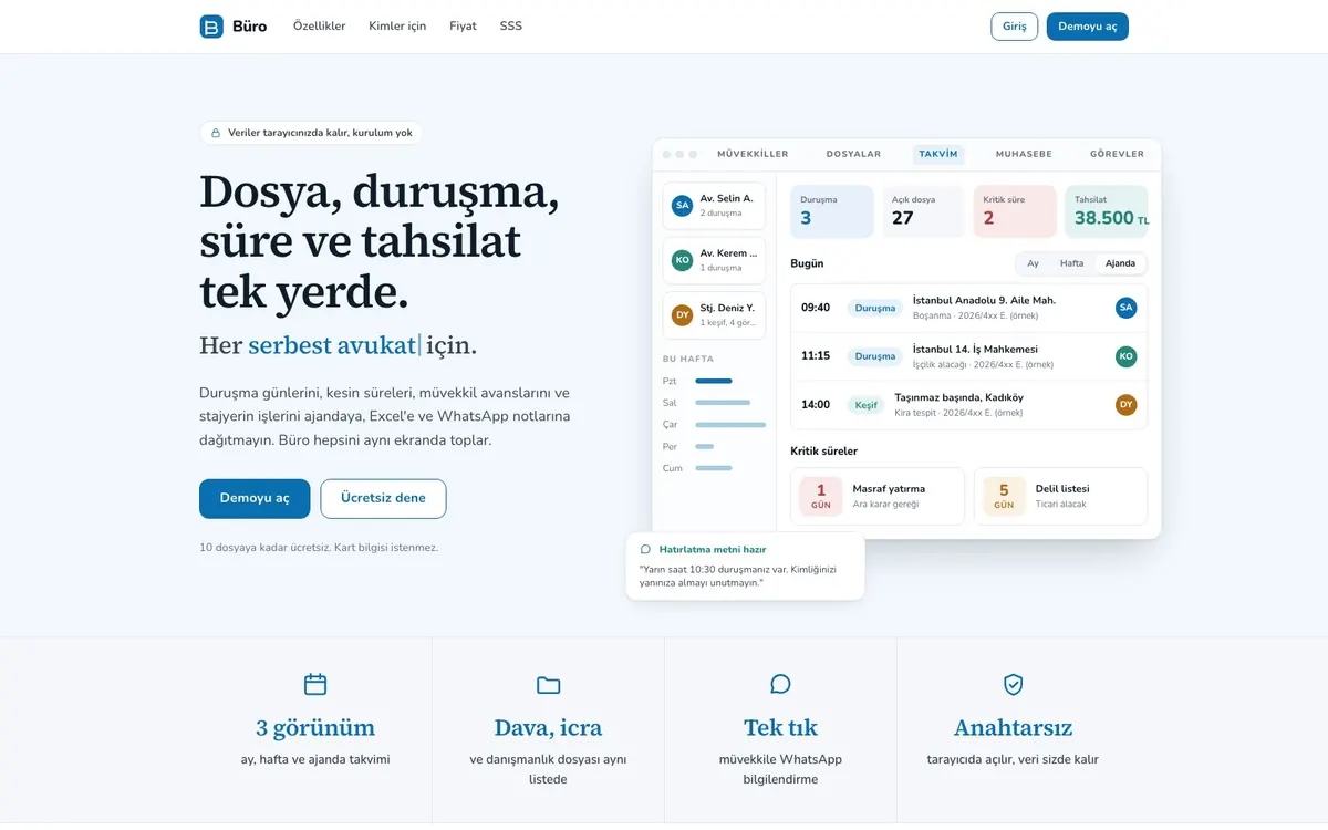 Uzman Dava Takip tanıtım sayfası: avukat ajandası, kritik süreler ve müvekkil hatırlatma metni