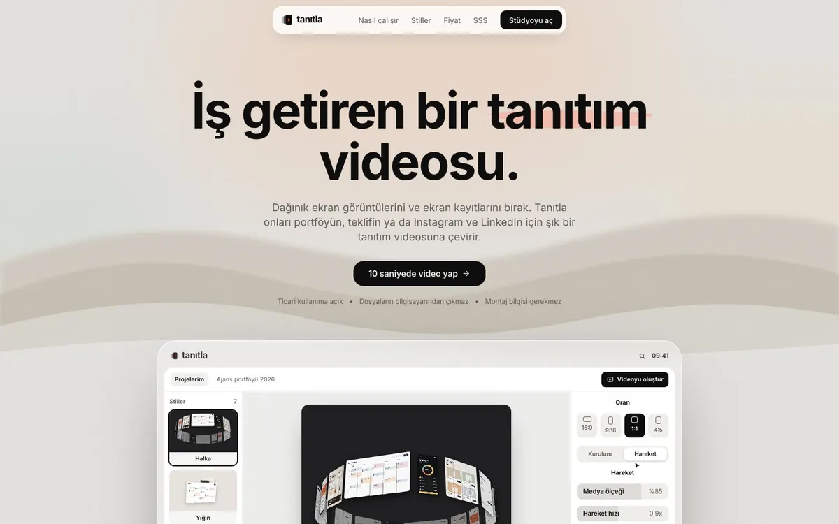 Uzman Demo Video tanıtım sayfası: ekran görüntülerinden hareketli tanıtım videosu stüdyosu