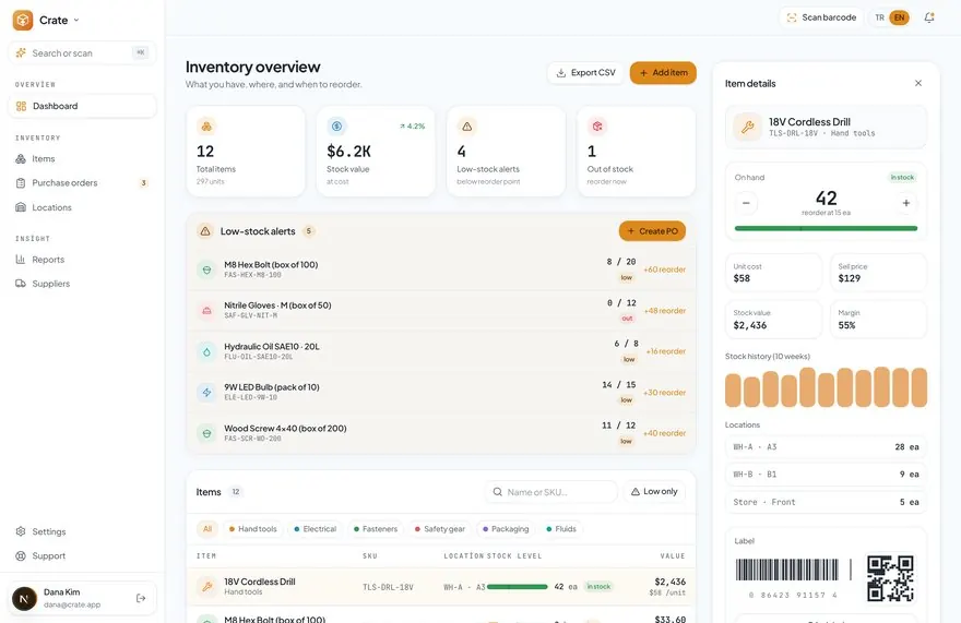 Uzman Depo paneli: gösterge kartları, düşük stok uyarıları, ürün listesi, konumlar ve barkodlu etiket