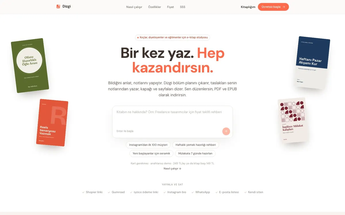 Uzman E-Kitap Atölyesi tanıtım sayfası: kitap konusu alanı ve örnek e-kitap kapakları