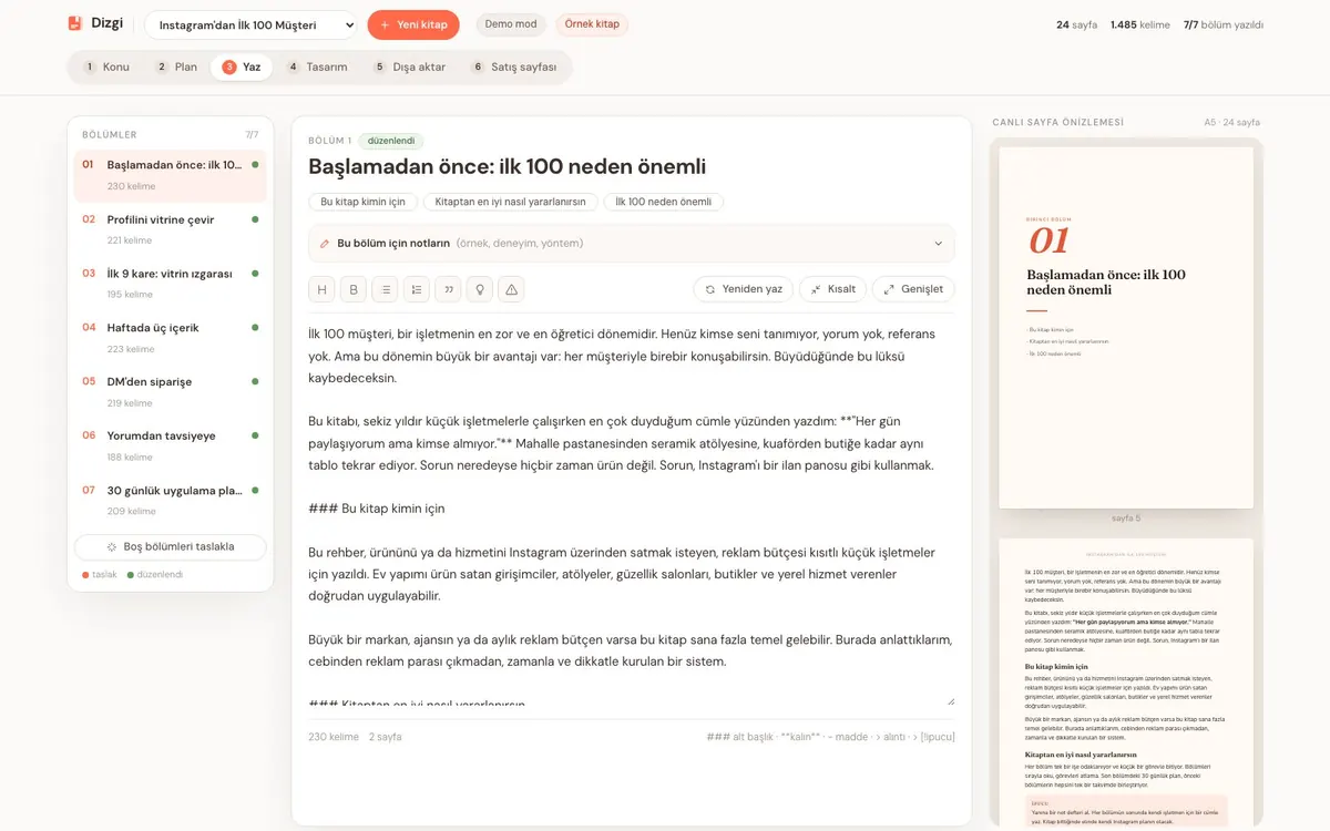 Uzman E-Kitap Atölyesi paneli: bölüm listesi, metin düzenleyici ve canlı sayfa önizlemesi