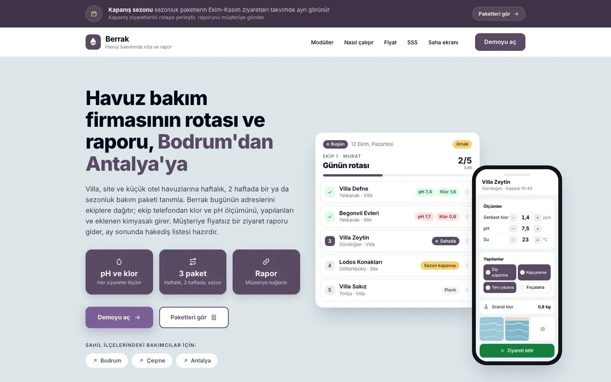 Uzman Havuz Servis tanıtım sayfası: ekibin günlük rotası ve telefondaki ölçüm ekranı