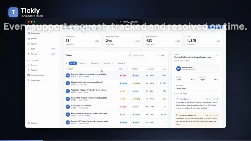 Uzman Helpdesk tanıtım sayfası: her destek talebini takip edip zamanında çözme mesajı ve panel önizlemesi