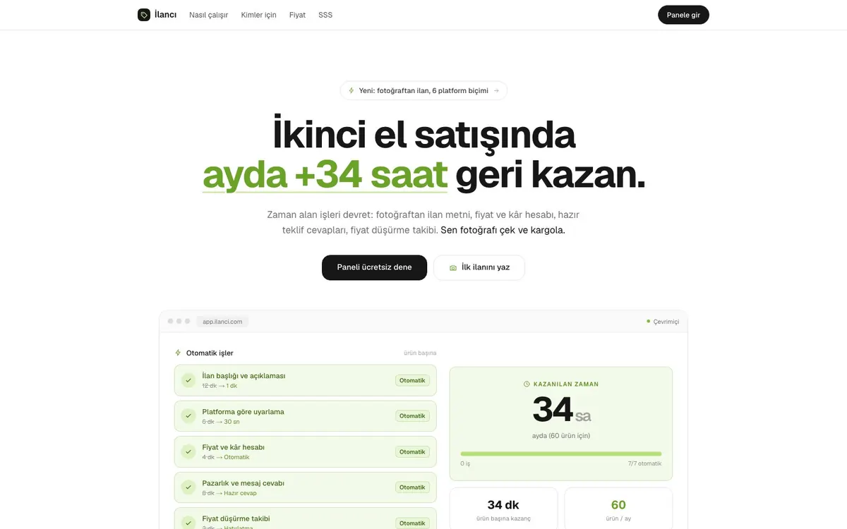 Uzman İkinci El Paneli tanıtım sayfası: ilan, fiyat, teklif ve fiyat düşürme işlerinin listesi
