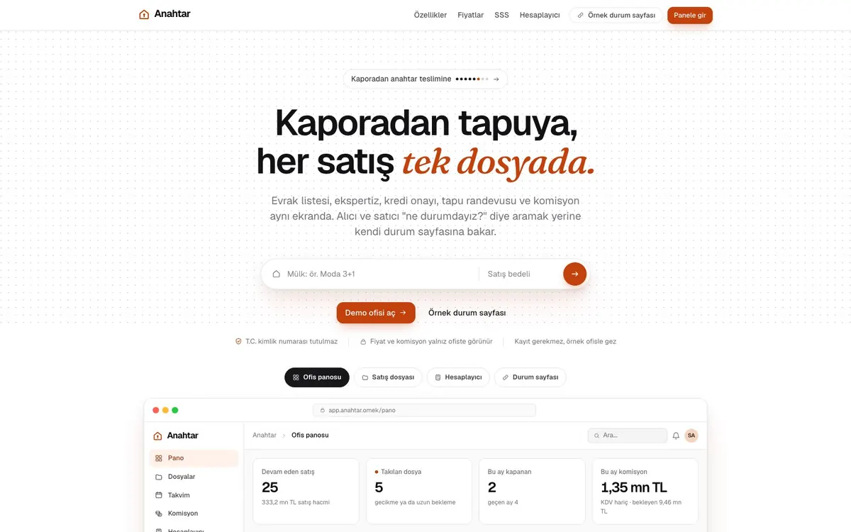 Uzman Kapora-Tapu tanıtım sayfası: mülk ve satış bedeli girişi ile ofis panosu önizlemesi