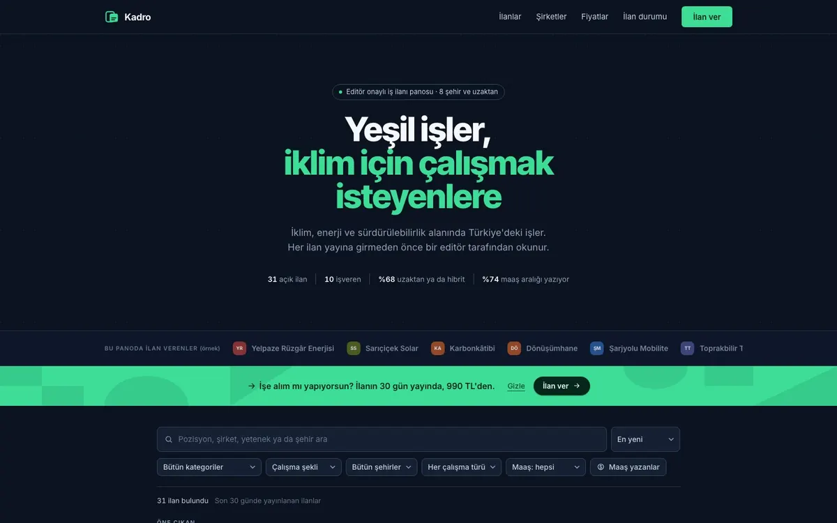 Uzman Kariyer Panosu tanıtım sayfası: editör onaylı iş ilanı panosu, arama ve filtreler