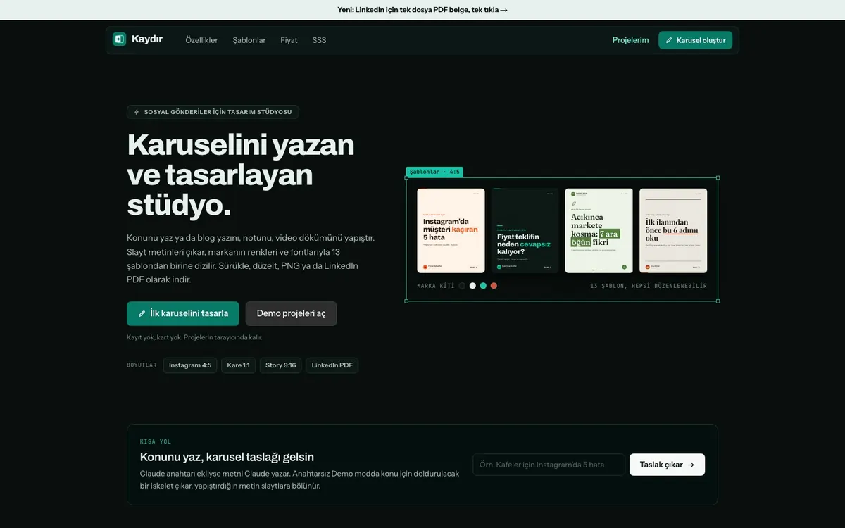 Uzman Karusel Stüdyo tanıtım sayfası: tasarım düzeni örnekleri ve boyut seçenekleri