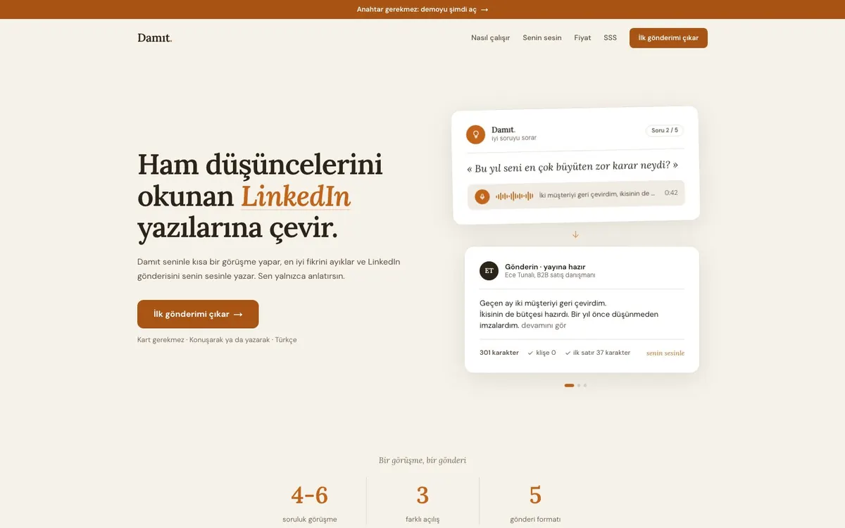 Uzman LinkedIn Kalemi tanıtım sayfası: sesli yanıtlanan görüşme sorusu ve yayına hazır gönderi kartı