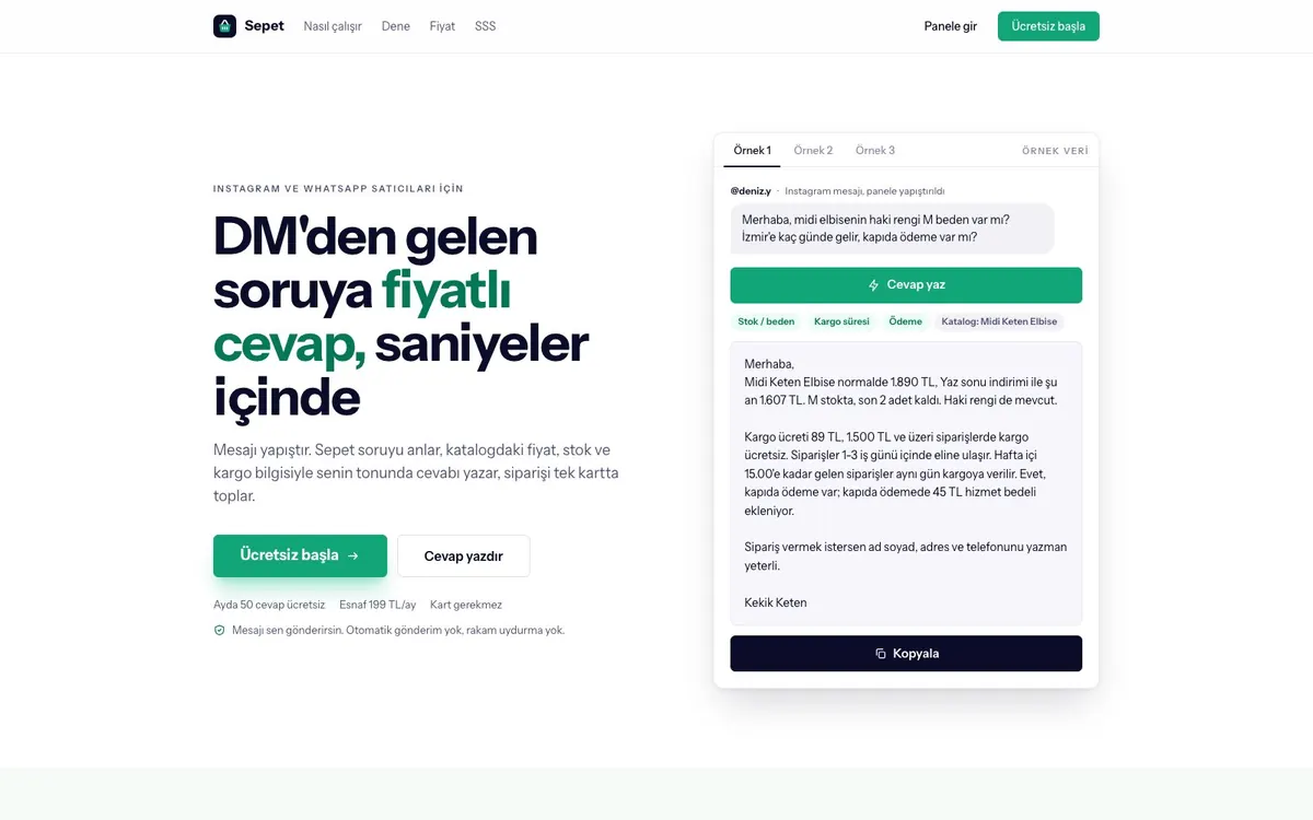 Uzman Mesajdan Siparişe tanıtım sayfası: örnek DM ve katalogdan hazırlanmış fiyatlı cevap