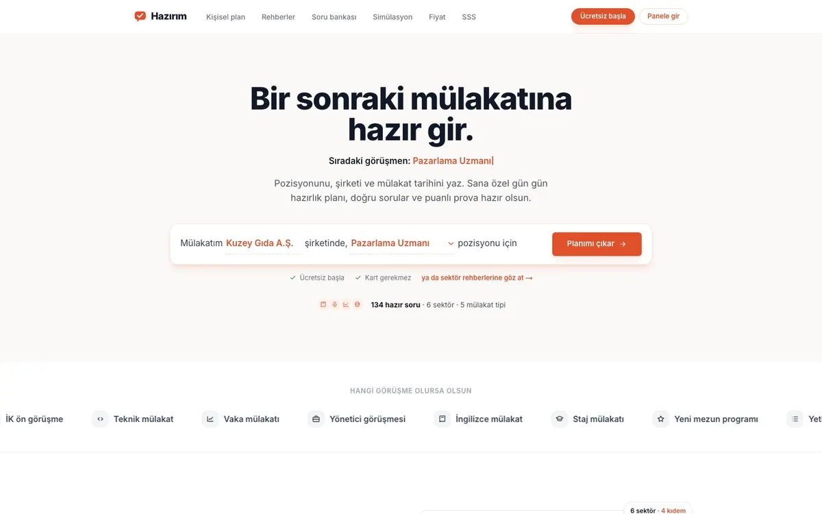 Uzman Mülakat Provası tanıtım sayfası: şirket ve pozisyon girerek hazırlık planı çıkarma