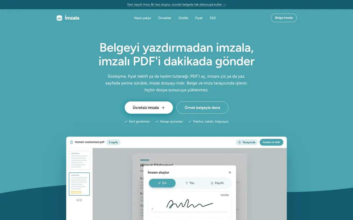 Uzman PDF İmza tanıtım sayfası: PDF üzerinde imza oluşturma penceresi ve çizim alanı