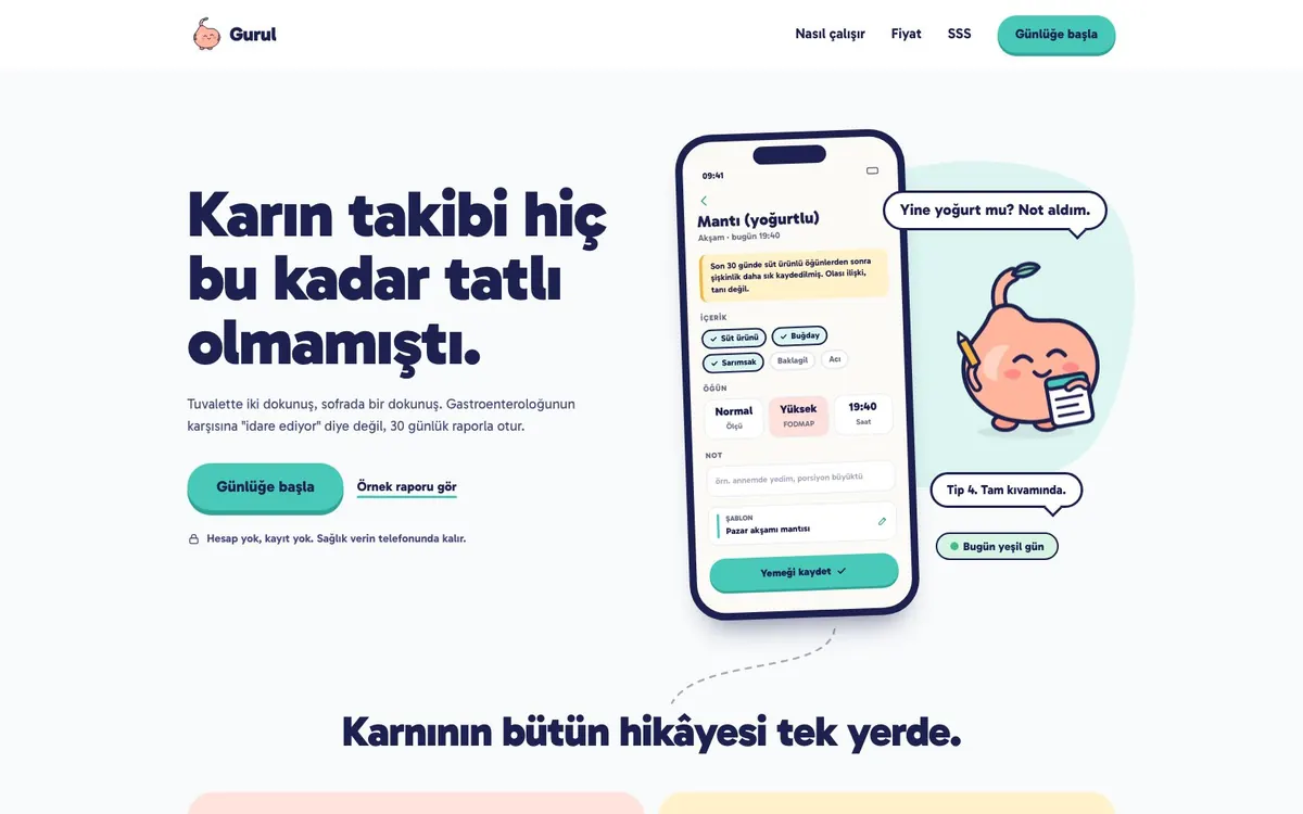 Uzman Sindirim Günlüğü tanıtım sayfası: içerik etiketli öğün kaydı ve olası ilişki notu