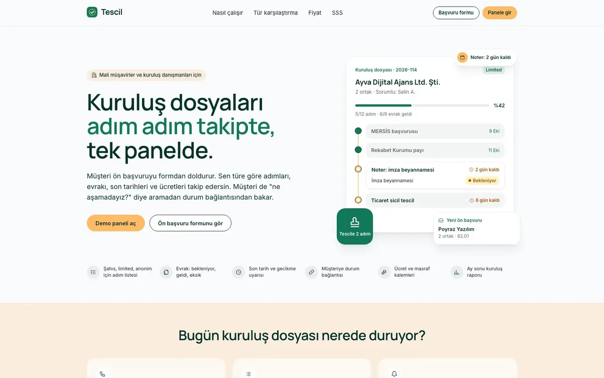 Uzman Şirket Kuruluş tanıtım sayfası: kuruluş dosyası kartı, adımlar ve son tarih uyarısı