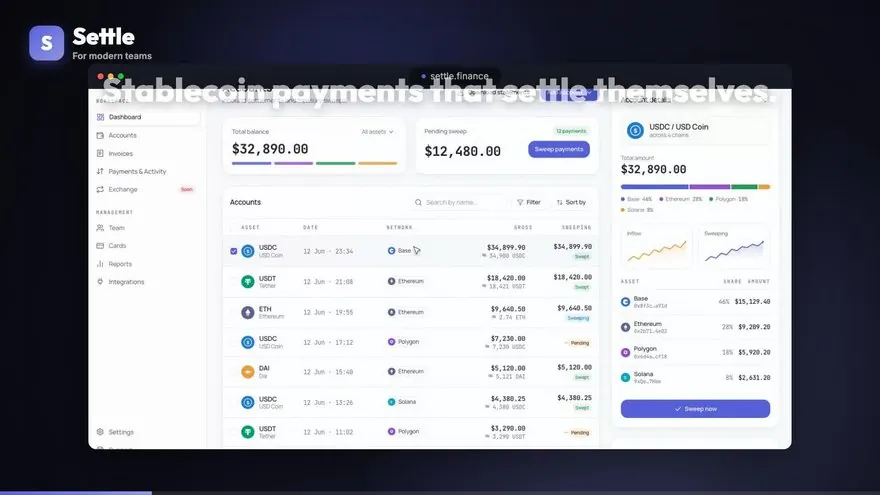 Uzman Stablecoin Kasa tanıtım sayfası: stablecoin ödemelerini bir arada toplayan kasa sloganı ve panel önizlemesi
