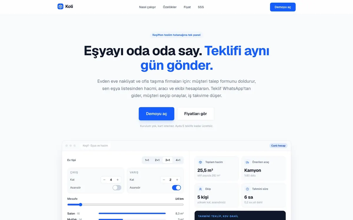 Uzman Taşıma Teklif tanıtım sayfası: ev tipi, kat, mesafe ve canlı hacim hesabı