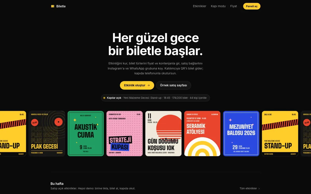 Uzman Turnike tanıtım sayfası: renkli etkinlik afişleri ve kapı durum şeridi