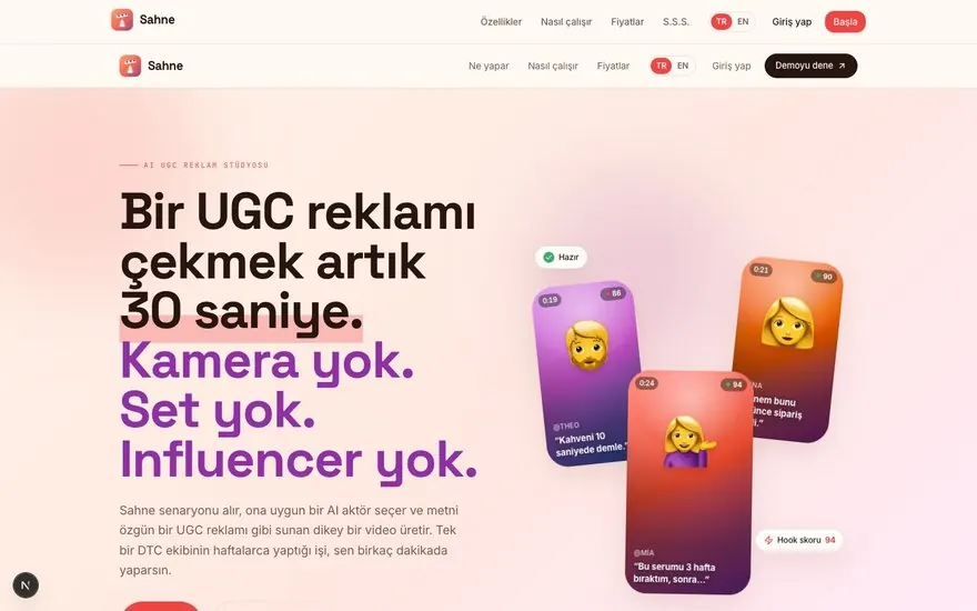 Uzman UGC Video tanıtım sayfası: yapay zekâ aktörlü üç dikey video kartı ve açılış puanları