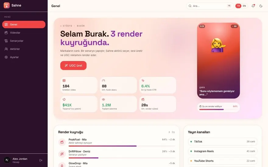 Uzman UGC Video paneli: üretim özeti, video önizlemesi, üretim kuyruğu ve yayın kanalları