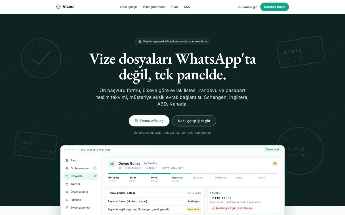 Uzman Vize Dosyası tanıtım sayfası: dosya aşamaları, evrak kontrol listesi ve randevu kartı