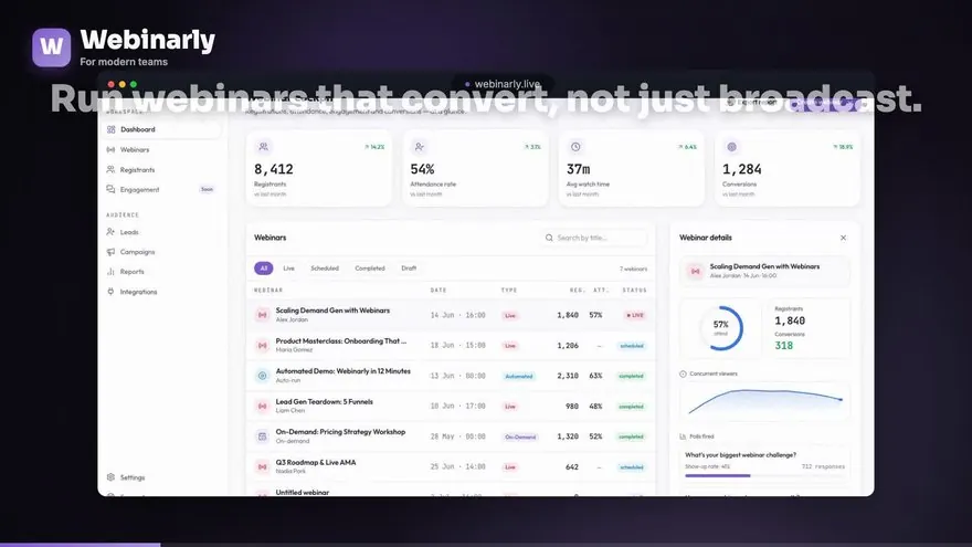 Uzman Webinar tanıtım sayfası: yalnız yayın yapan değil dönüşüm getiren webinarlar mesajı ve panel önizlemesi