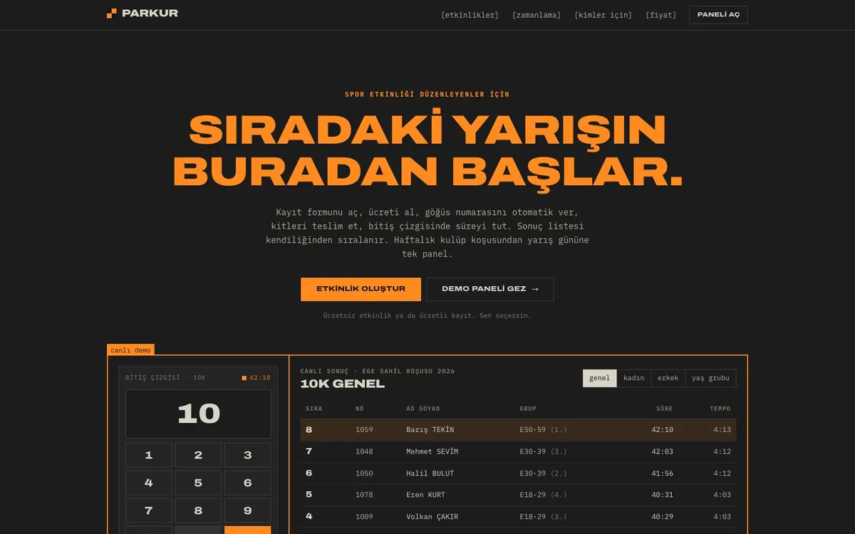 Uzman Yarış Kaydı tanıtım sayfası: bitiş çizgisi tuş takımı ve canlı sonuç listesi