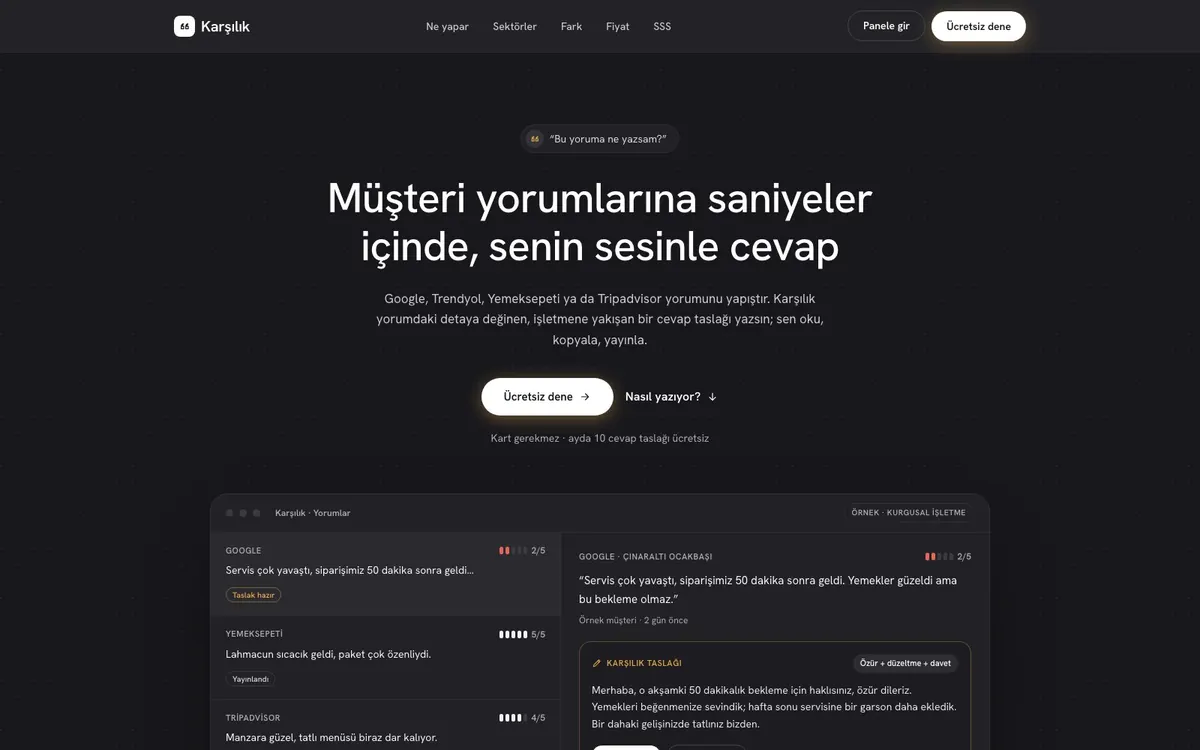 Uzman Yorum Yanıt tanıtım sayfası: platform yorumları listesi ve yoruma özel yanıt taslağı